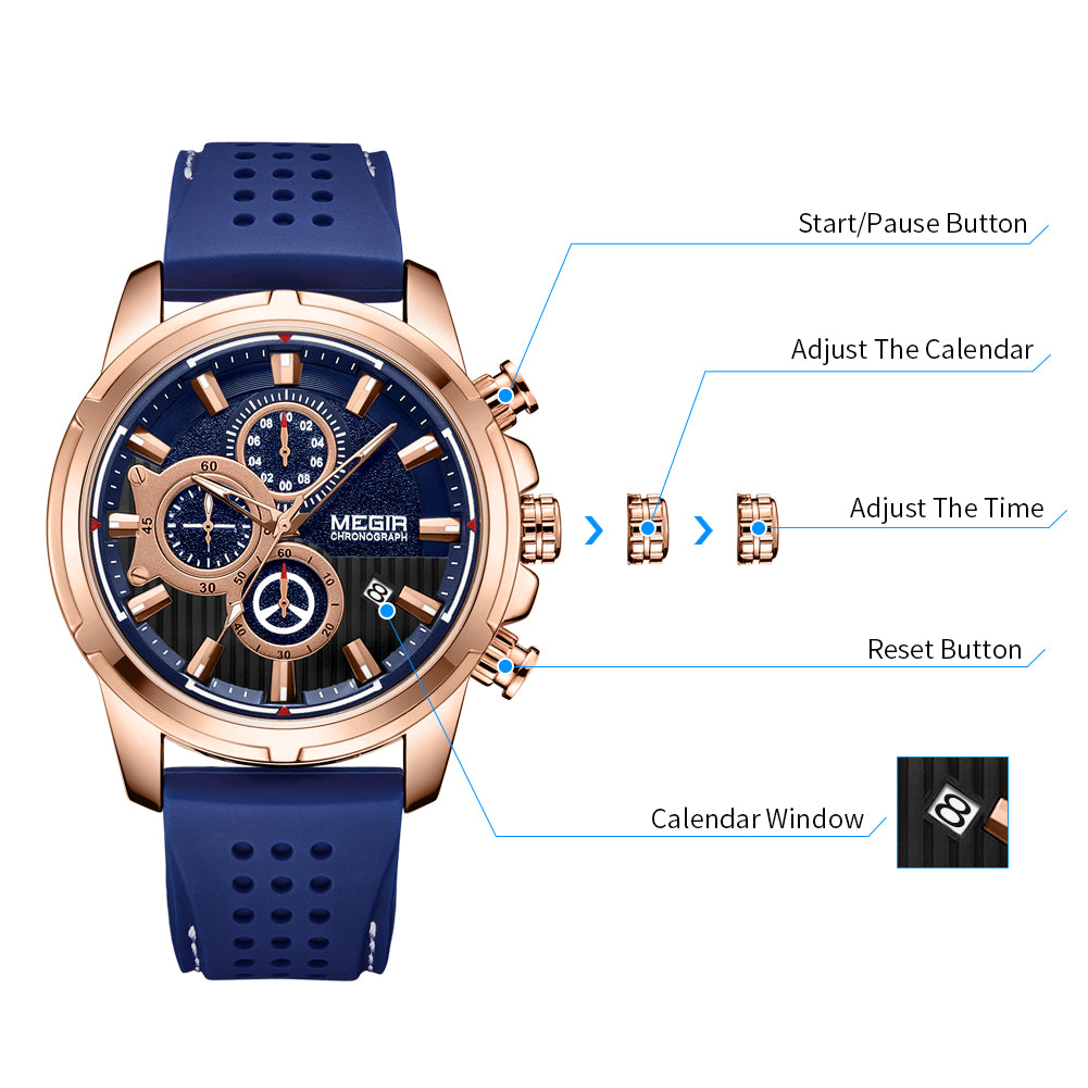 MEGIR Brand Luxury Sport Quartz Watch Silicone Chronograph Men Wristwatches Waterproof Male Calendar Clock Wrist Watch 2101-6